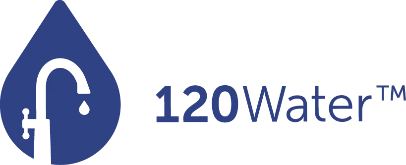 120Water logo featuring a blue water droplet with a white padlock and the text 120Water on the right.