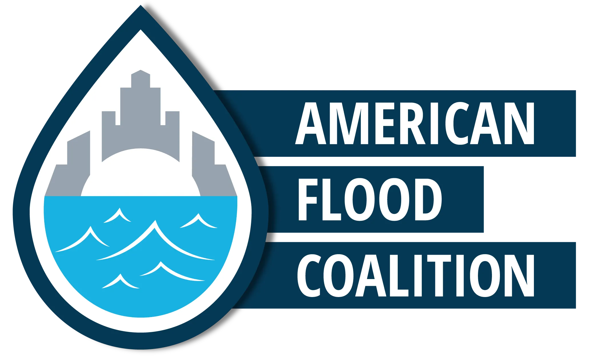 American Flood Coalition logo: a blue shield with water waves and a city skyline next to bold text 'AMERICAN FLOOD COALITION'