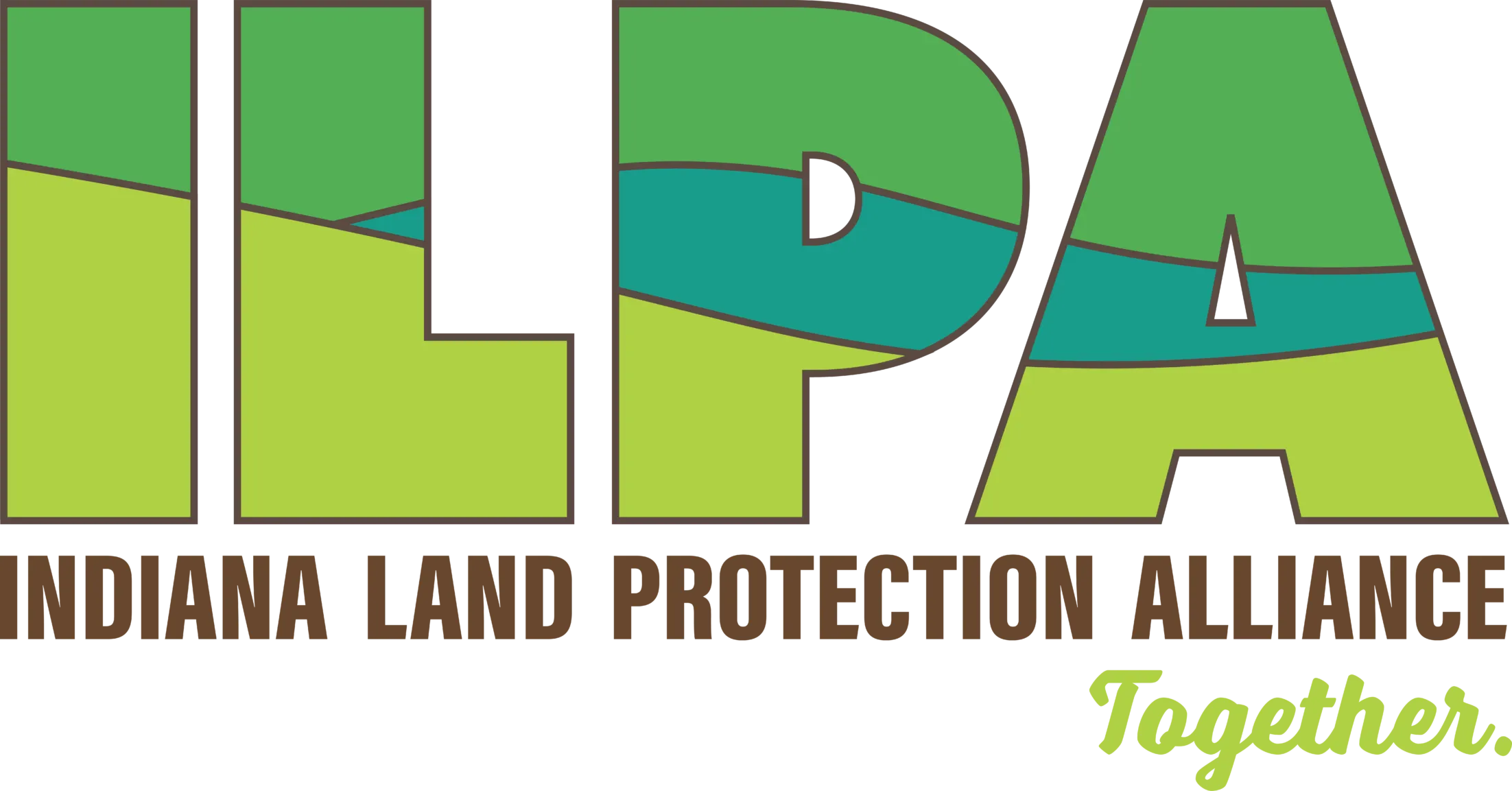 Logo for Indiana Land Protection Alliance with large ILPA initials in green and teal, and 'Together' script at the bottom.
